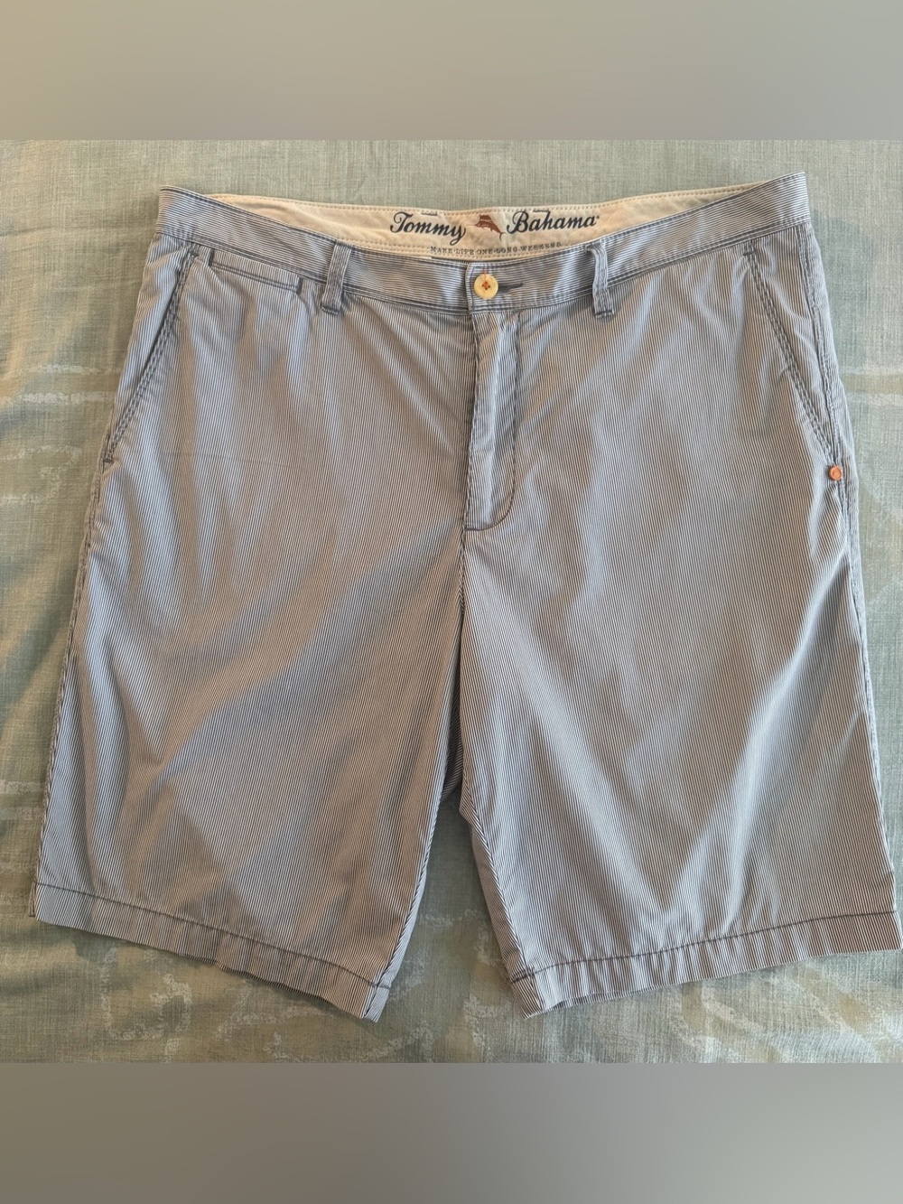 Tommy Bahama Light Blue Pinstripe Men's Flat Front Shorts size 36 10” inseam